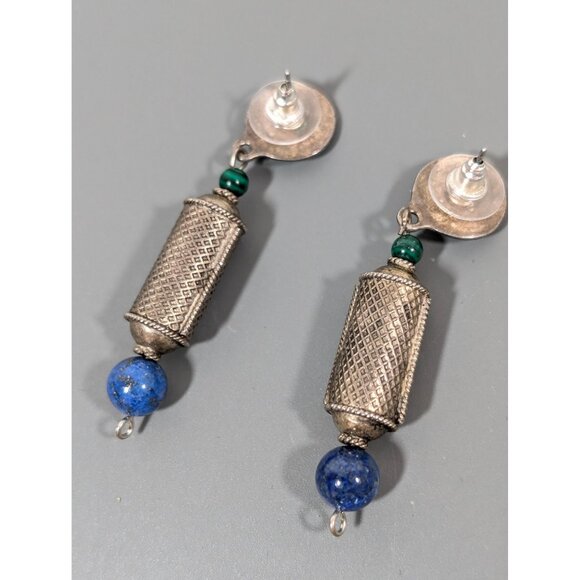 Vintage Celtic Knot Blue Green Stone Long Dangle Earrings Silver Tone - Picture 6 of 7